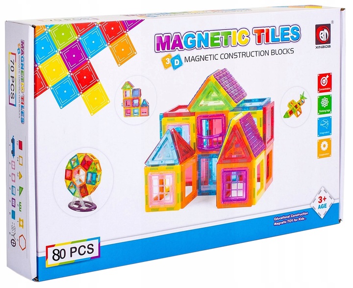 KLOCKI MAGNETYCZNE Duże 3D Magnetic Tiles Konstrukcyjne zestaw XXL 80 el