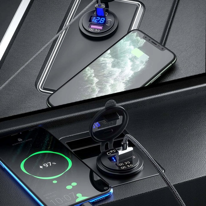 Ładowarka samochodowa USB QC 3.0 USB-C C PD gniazdo zapalniczki Woltomierz
