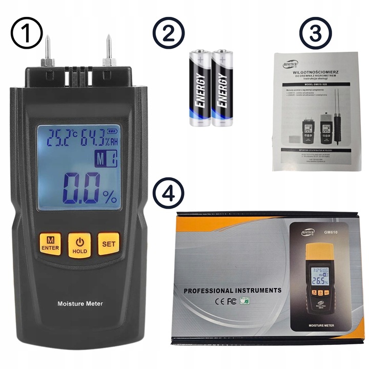 WILGOTNOŚCIOMIERZ MIERNIK WILGOTNOŚCI DO DREWNA 4 GRUPY POMIARU 9V BENETECH