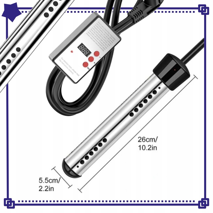 Grzałka ZANURZENIOWA 3000w elektryczna do Basenu wody do wanny z Timerem