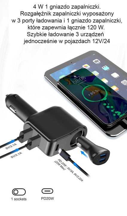 Ładowarka samochodowa z szybkim ładowaniem - 45W i Woltomierzem