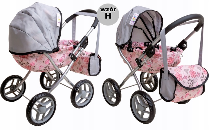 Wózek dla lalek GŁĘBOKI GONDOLA - SKŁADANY DASZEK - DUŻE KOŁA + TORBA Doris