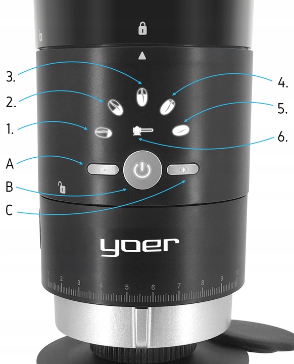 Elektryczny młynek kawy Żarnowy Yoer 150W AUTOMATYCZNY +43 Poziomy mielenia