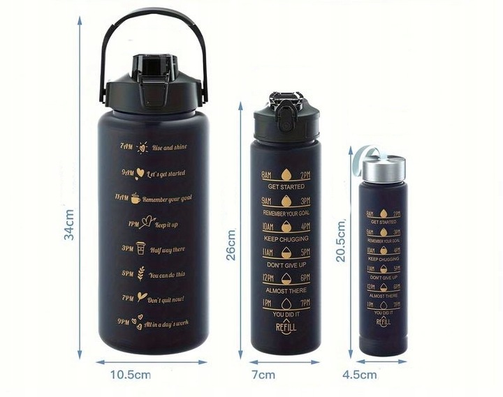 MOTYWACYJNA BUTELKA Z MIARKĄ DO WODY ZESTAW 3 BIDONY 3W1 2000ML 900ML 300ML