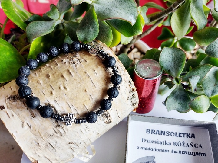 Bransoletka męska RÓŻANIEC na rękę LAWA WULKANICZNA św.Benedykt 174L