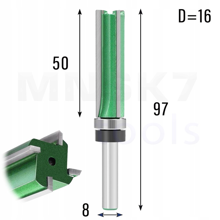 Frez prosty do drewna 4P | trzpień 8 mm | fi 16 x 50 | VHM | z łożyskiem