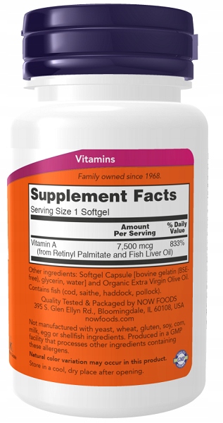 NOW FOODS WITAMINA A 25000IU 250SG WZROK SKÓRA