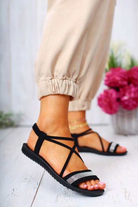 DAMSKIE SANDAŁY CZARNE LETNIE ELEGANCKIE WYGODNE CYRKONIE