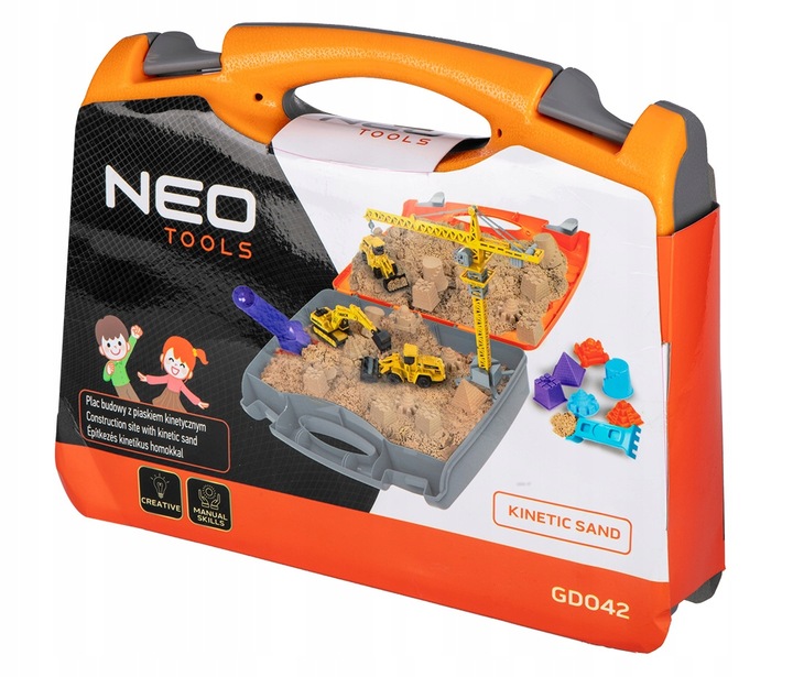 Plac budowy piasek kinetyczny dźwig pojazdy budowlane zabawka w walizce NEO