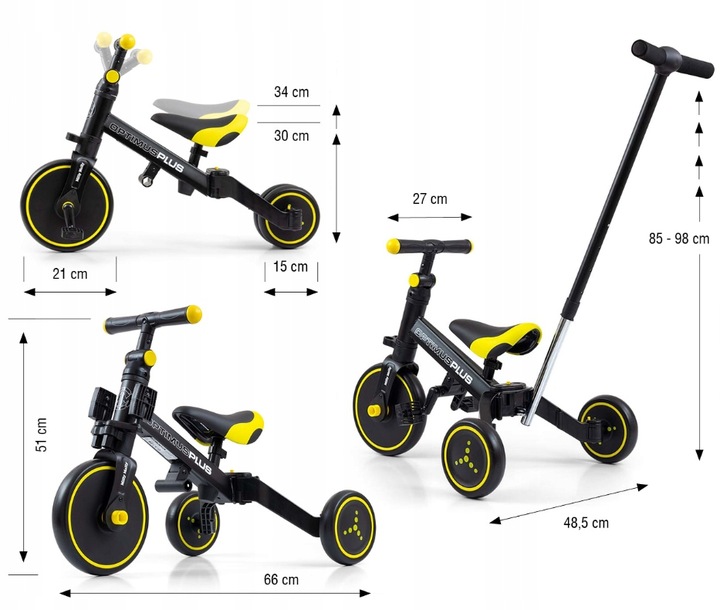 Milly Mally Rowerek 4w1 Optimus Plus Black Czarny Żółty z Rączką Regulowany