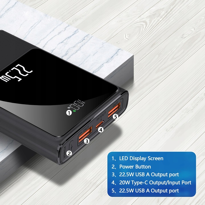 POWERBANK 10000MAH MOCNA SZYBKA ŁADOWARKA 22,5W 2XUSB A/USB-C WYŚWIETLACZ L