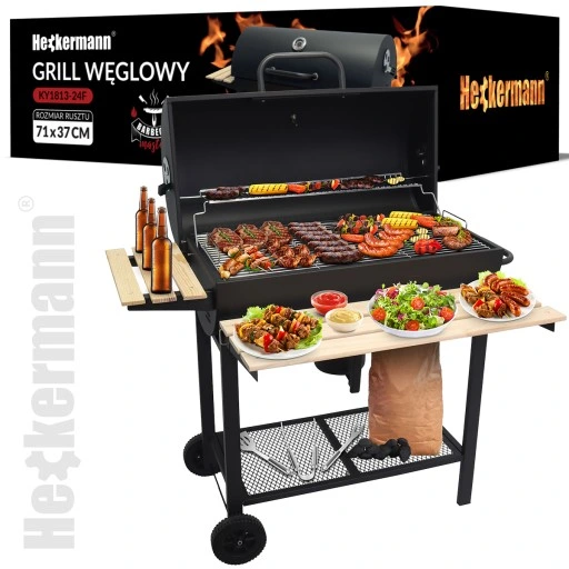 GRILL WĘGLOWY OGRODOWY 2 RUSZTY CHROMOWANE 2 PÓŁKI POPIELNIK TERMOMETR STAL