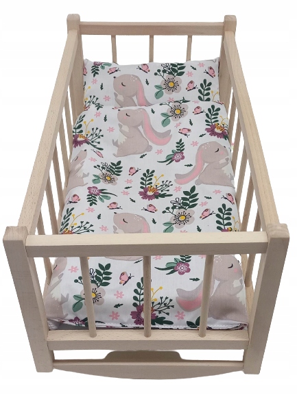 KOŁYSKA dla lalek drewniana + POŚCIEL ZAJĄCZKI - DO WYBORU