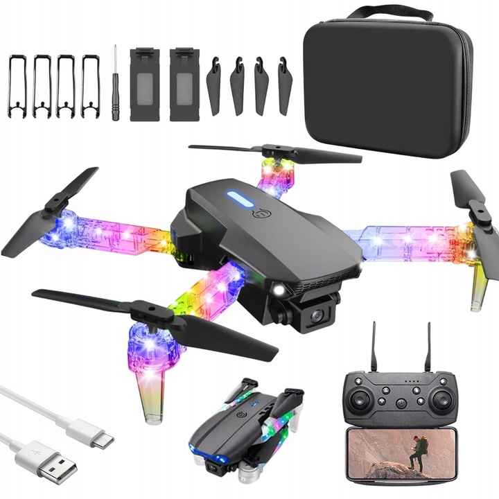 E99D DRON Z PODWÓJNE KAMERY LED OŚWIETLENIEM ZABAWKA SKŁADANIE CZTEROOSIOWE