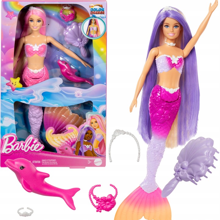 BARBIE ZESTAW LALKA SYRENKA ZMIANA KOLORU WŁOSÓW AKCESORIA COLOR CHANGE