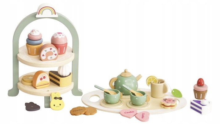 CUKIERNIA DREWNIANY ZESTAW DO HERBATY SERWIS KAWOWY AKCESORIA DO ZABAWY FI