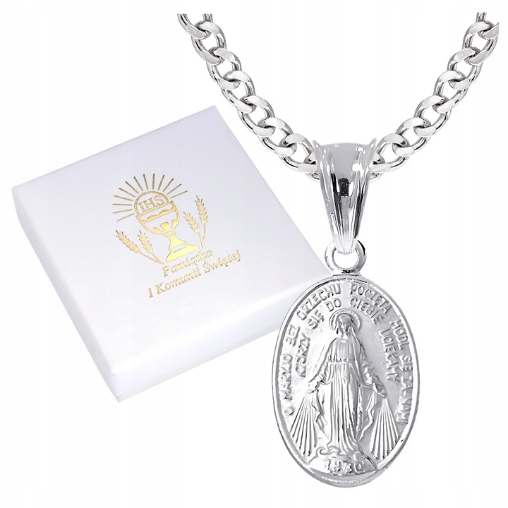 ŁAŃCUSZEK srebrny MEDALIK komunijny Matka Boska Cudowna do Komunii Chrzest