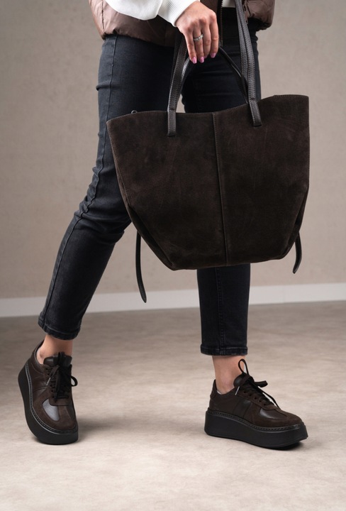 Czekoladowa zamszowa torebka brązowa shopper XL ZAMSZ NATURALNY łódka