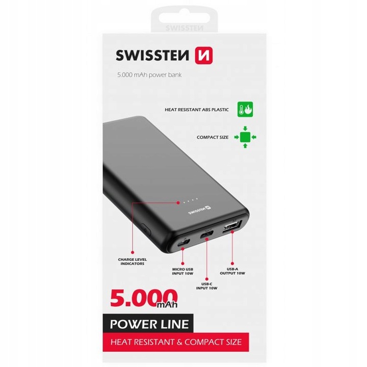 Powerbank SWISSTEN 5000 mAh micro USB USB-C USB-A + kabel USB-C/USB-C 10 W