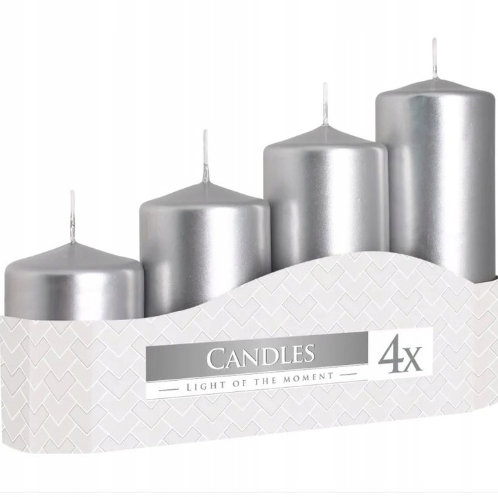 Zestaw świec walcowych 7,9,11,13cm świeczka stroik adwent SREBRNY METALIK