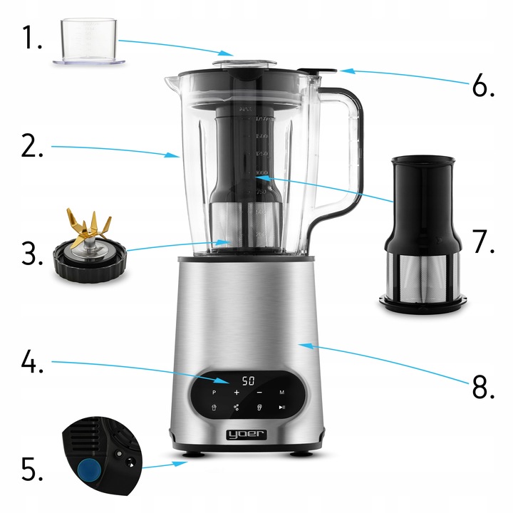 Blender kielichowy Wyciskarka do soków Yoer 2200W 2,4L INOX +TURBO