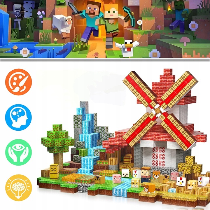 KLOCKI MAGNETYCZNE KLOCKI SZEŚCIANY FARMA 150 KLOCKÓW PIKSELE DLA DZIECI