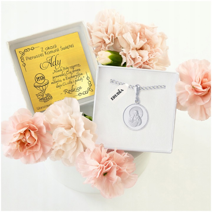 SREBRNY ŁAŃCUSZEK KOMUNIJNY PR. 925 MEDALIK SZKAPLERZ NA KOMUNIĘ + GRAWER