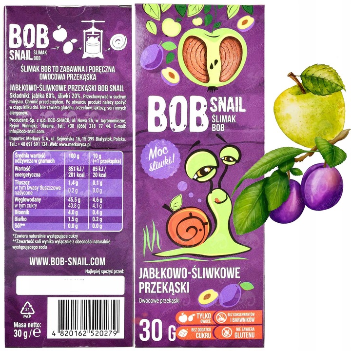 ŚLIMAK BOB SNAIL PRZEKĄSKA bez cukru glutenu 30G MIX SMAKÓW x 8szt 0,24KG