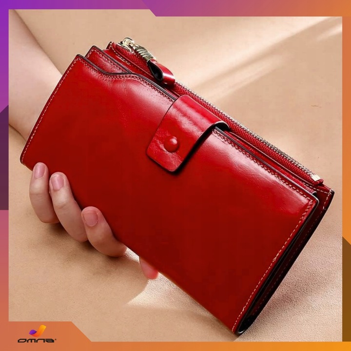 Portfel damski skórzany duży lakierowany pojemny RFID z paskiem czerwony