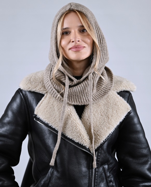 CZAPKA Kominiarka KAPTUR komin Balaclava damska ciepła miekka zimowa Latte