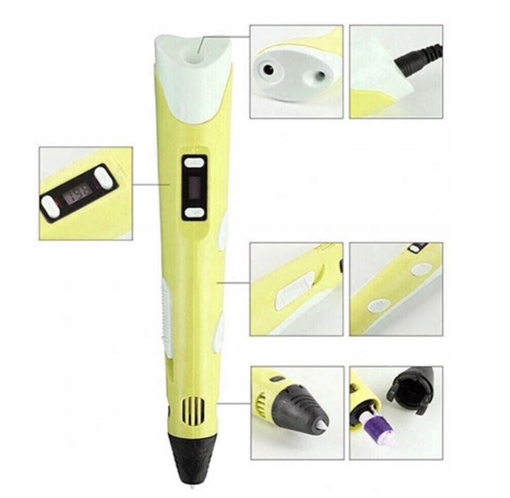 NAJNOWSZY DŁUGOPIS 3D DLA DZIECI DRUKARKA 3D PEN MAGICZNY ŻÓŁTY + WKŁAD 10M