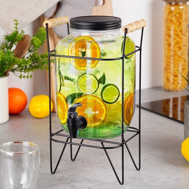 Słój Dozownik do Napojów z Kranikiem Czarnym Stojakiem Szklany VILDE 4,2 L