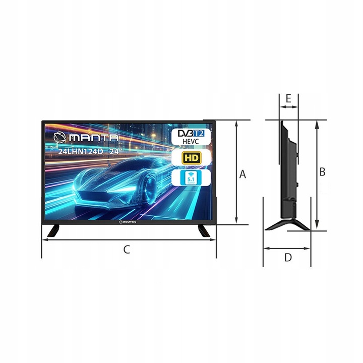 Telewizor 24 cale TV przenośny HD LED tuner dekoder DVBT2 USB +UCHWYT MANTA