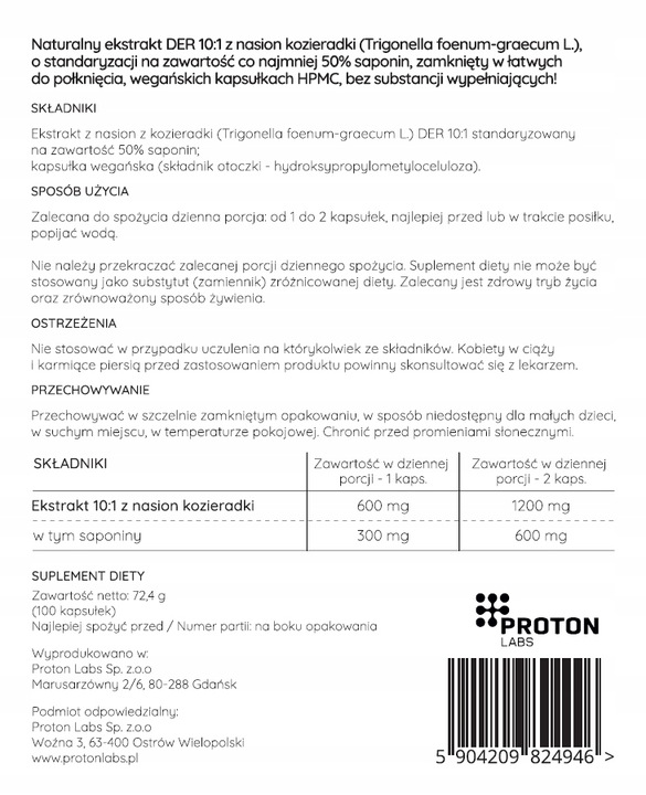 Proton Labs KOZIERADKA 600 mg Ekstrakt 10:1 FENUGREEK 50% saponiny 100 kaps