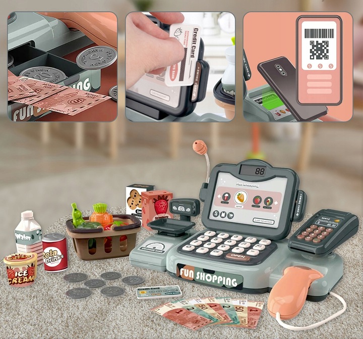 KASA FISKALNA ZABAWKA KASA SKLEPOWA INTERAKTYWNA ZAKUPY SKANER TAŚMA KOSZYK