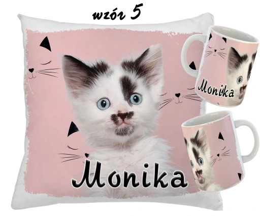 Zestaw KUBEK + PODUSZKA KOTY KOT + RÓŻNE WZORY + IMIĘ