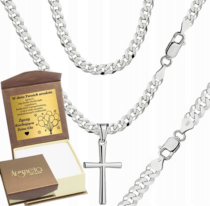 SREBRNY ŁAŃCUSZEK MĘSKI NASZYJNIK PANCERKA SREBRO 925 Z KRZYŻYKIEM GRAWER