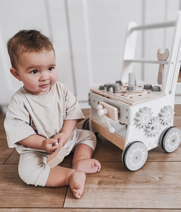 Drewniany Warsztat Dla Dzieci 3w1 Chodzik Pchacz Wózek 47 elementów Solidny