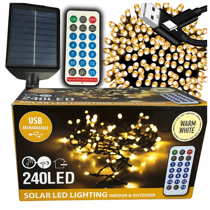 Lampki choinkowe 2w1 SOLARNE + AKUMULATOR 240 LED ciepłe 13 programów 11m
