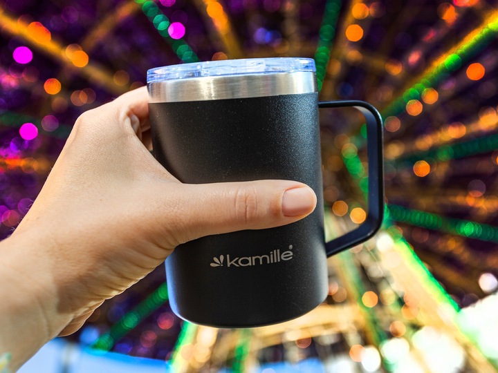 KUBEK TERMICZNY stalowy TERMOS do kawy herbaty z uchwytem KAMILLE 360ml