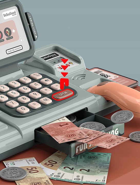 KASA FISKALNA Dla dzieci ZABAWKOWA zestaw SKANER WAGA TELEFON KOSZ ZAKUPY