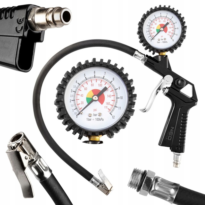 NEO PISTOLET DO POMPOWANIA KÓŁ Z MANOMETREM 0-12 BAR ZACZEP + WĘŻYK 14-714