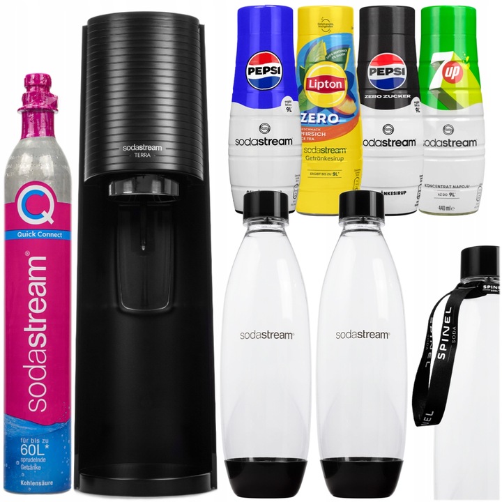 SATURATOR SODASTREAM TERRA 2 BUTELKI + 4x SYROPY PEPSI 7UP LIPTON DODATKI
