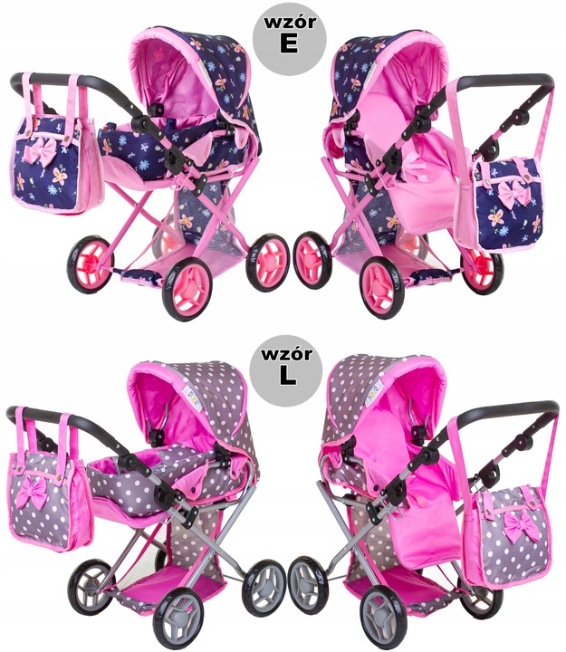 Wózek dla lalek 3w1 SPACEROWY GŁEBOKI + INTERAKTYWNA LALKA BOBAS zestaw XXL