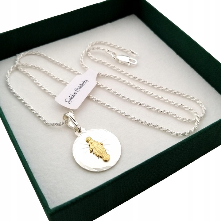 SREBRNY ŁAŃCUSZEK KORDEL + MEDALIK 925 PREZENT NA KOMUNIĘ CHRZEST + GRAWER