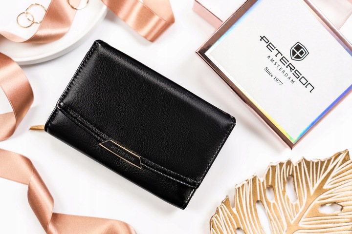 PETERSON portfel damski poziomy RFID STOP portmonetka na zatrzask czarny