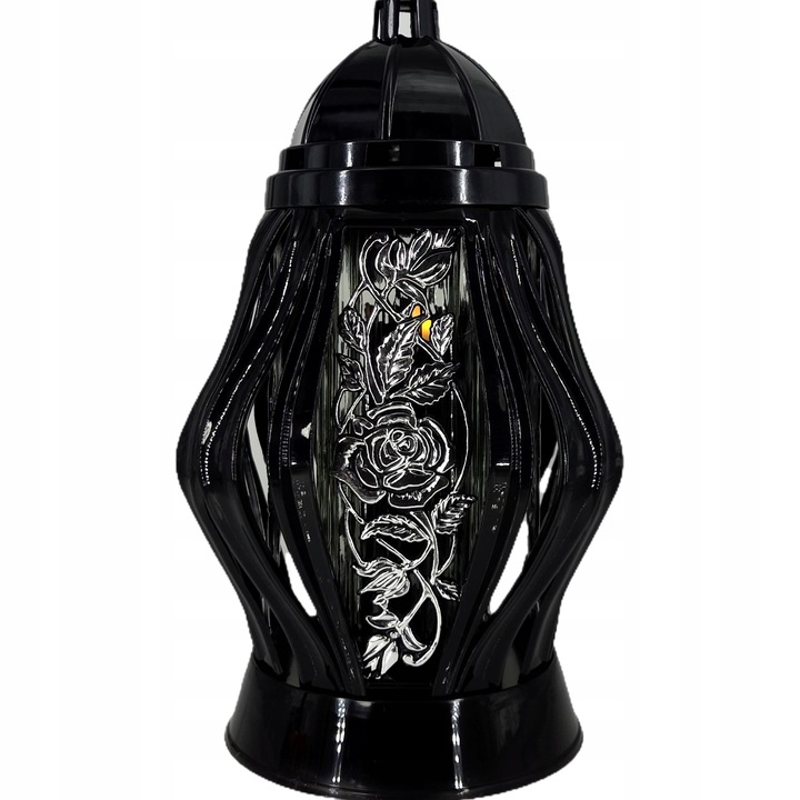 Duży znicz 35cm z pięknym motywem kwiatów nowy wzór ażurowy czarny srebrny