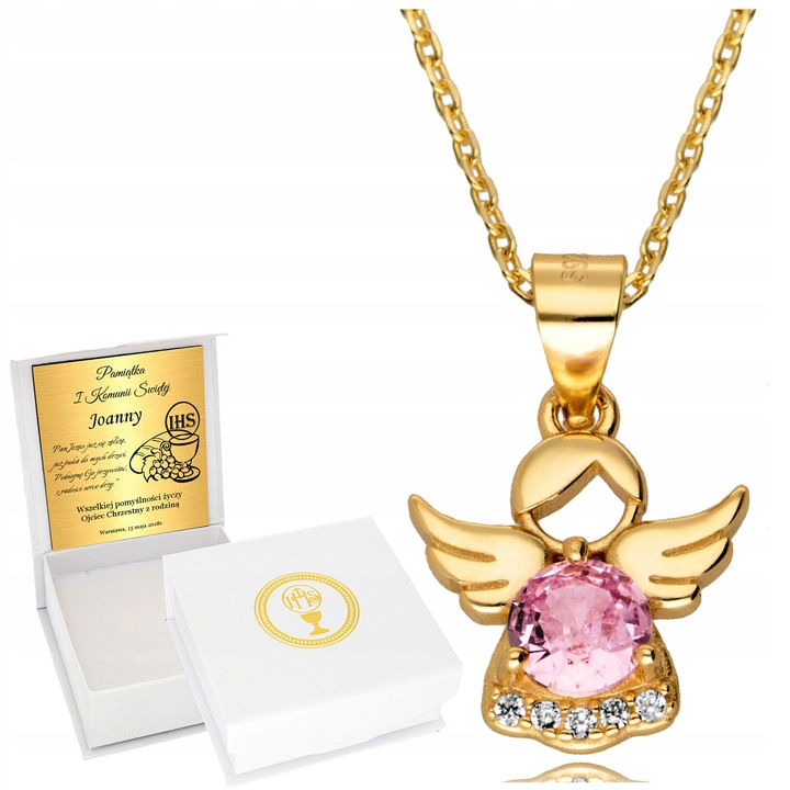 Złoty Łańcuszek z Aniołkiem 925 Anioł Róż Chrzest Komunia Roczek Grawer