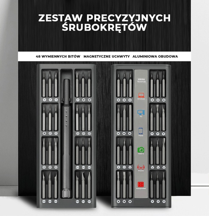 Śrubokręt precyzyjny TurnTech z zestawem końcówek 48 in 1 ALU