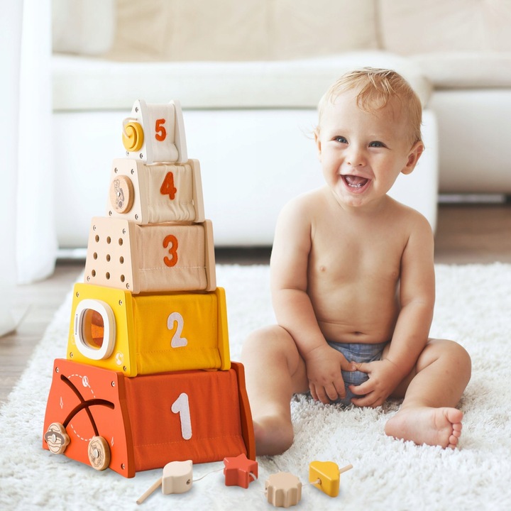 Drewniana piramidka edukacyjna Montessori sorter kształtów, labirynt, cyfry